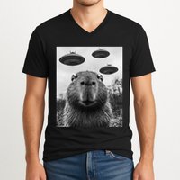 Capybara Selfie With Ufos Funny Graphic V-Neck T-Shirt