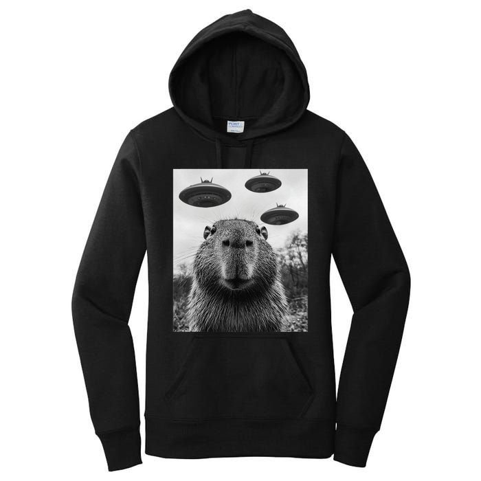 Capybara Selfie With Ufos Funny Graphic Women's Pullover Hoodie