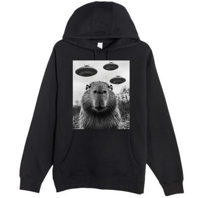 Capybara Selfie With Ufos Funny Graphic Premium Pullover Hoodie