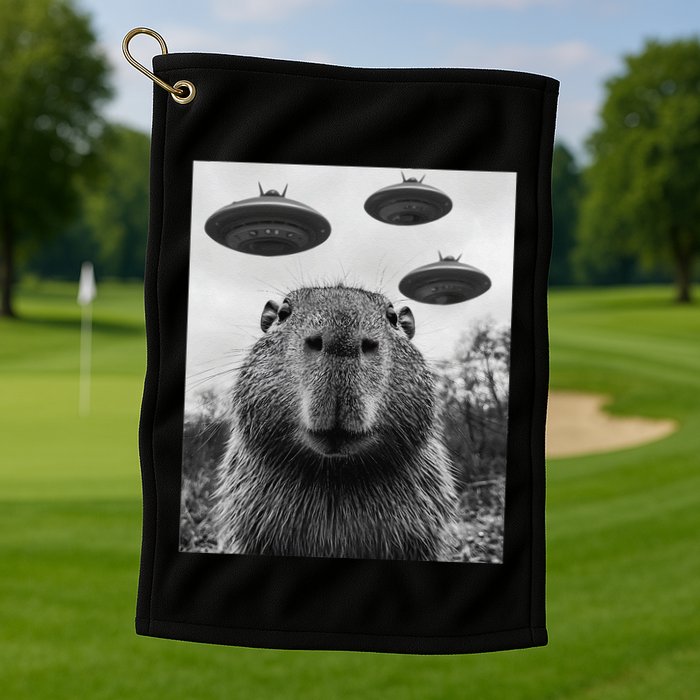 Capybara Selfie With Ufos Funny Graphic Golf Towel
