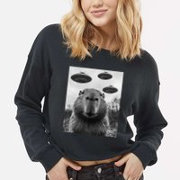 Capybara Selfie With Ufos Funny Graphic Cropped Pullover Crew