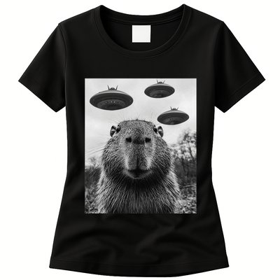Capybara Selfie With Ufos Funny Graphic Womens T-Shirt