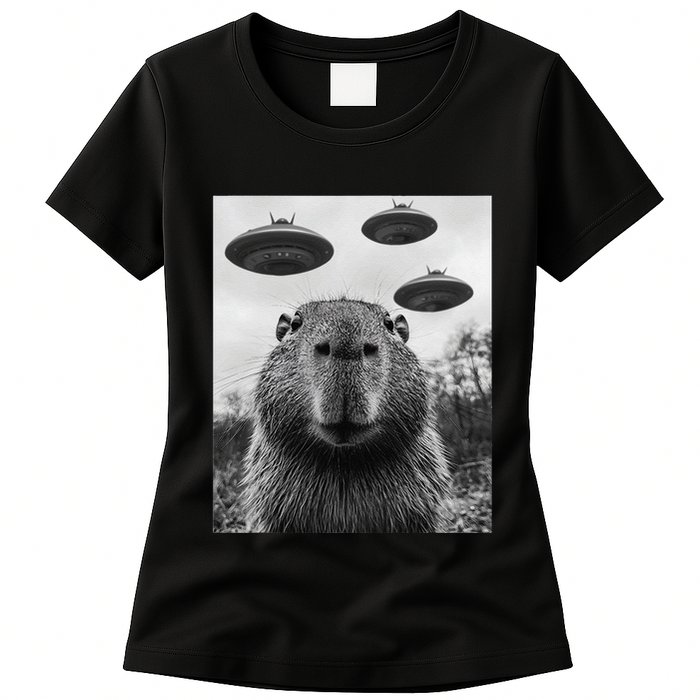 Capybara Selfie With Ufos Funny Graphic Womens T-Shirt