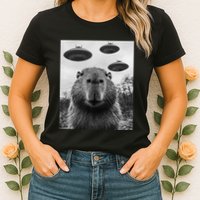 Capybara Selfie With Ufos Funny Graphic Womens T-Shirt