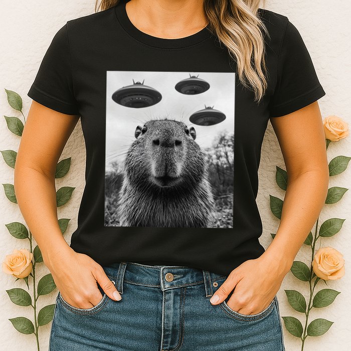 Capybara Selfie With Ufos Funny Graphic Womens T-Shirt