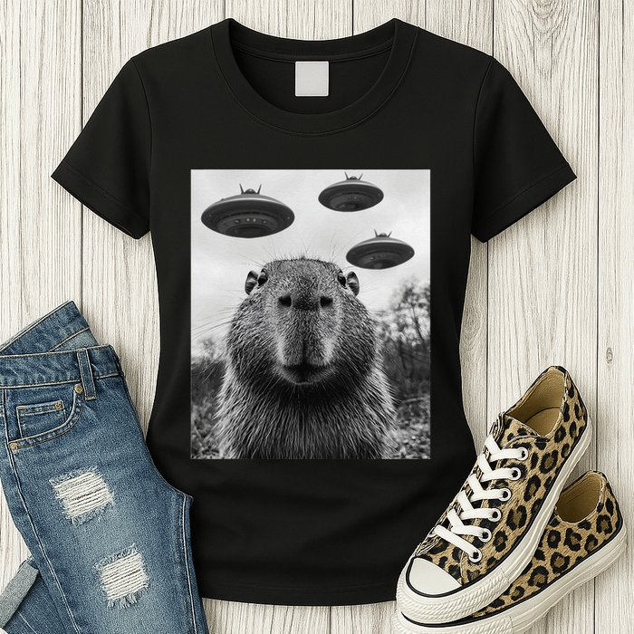 Capybara Selfie With Ufos Funny Graphic Womens T-Shirt