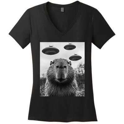 Capybara Selfie With Ufos Funny Graphic Women's V-Neck T-Shirt