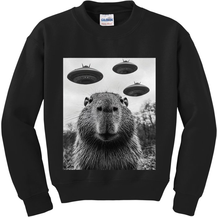 Capybara Selfie With Ufos Funny Graphic Kids Sweatshirt