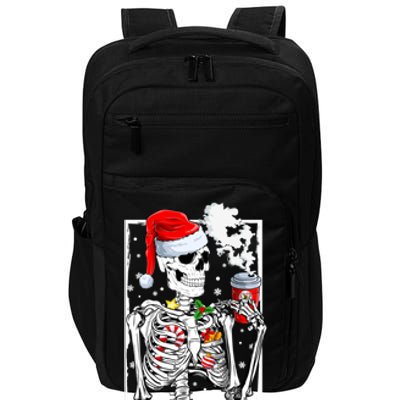 Christmas Skeleton With Smiling Skull Drinking Coffee Latte Impact Tech Backpack