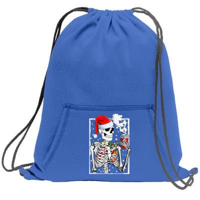 Christmas Skeleton With Smiling Skull Drinking Coffee Latte Sweatshirt Cinch Pack Bag