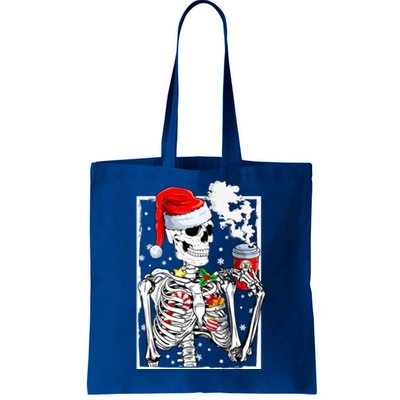 Christmas Skeleton With Smiling Skull Drinking Coffee Latte Tote Bag