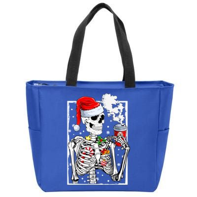 Christmas Skeleton With Smiling Skull Drinking Coffee Latte Zip Tote Bag