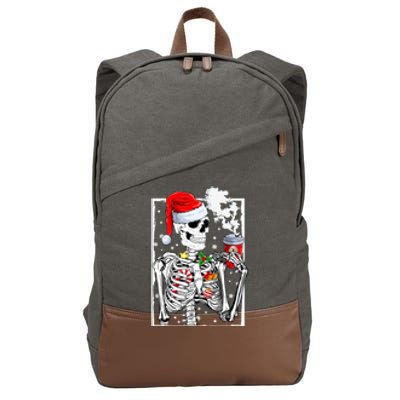 Christmas Skeleton With Smiling Skull Drinking Coffee Latte Cotton Canvas Backpack