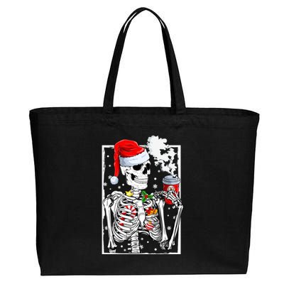 Christmas Skeleton With Smiling Skull Drinking Coffee Latte Cotton Canvas Jumbo Tote