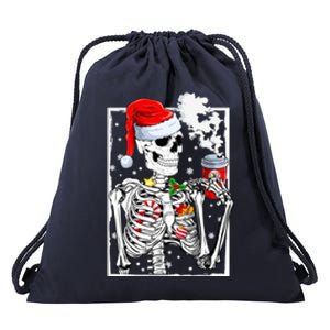 Christmas Skeleton With Smiling Skull Drinking Coffee Latte Drawstring Bag