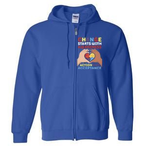 Change Starts With Awareness Action And Acceptance Autism Cute Gift Full Zip Hoodie