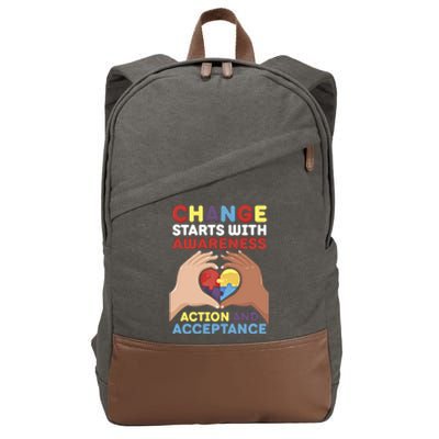 Change Starts With Awareness Action And Acceptance Autism Cute Gift Cotton Canvas Backpack