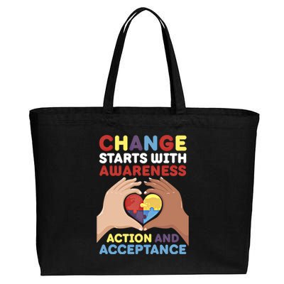 Change Starts With Awareness Action And Acceptance Autism Cute Gift Cotton Canvas Jumbo Tote