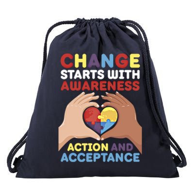 Change Starts With Awareness Action And Acceptance Autism Cute Gift Drawstring Bag