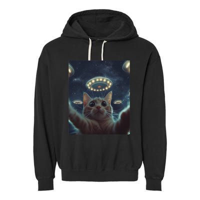 Cat Selfie With Ufos Aliens Kitten Funny Graphic Garment-Dyed Fleece Hoodie