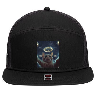 Cat Selfie With Ufos Aliens Kitten Funny Graphic 7 Panel Mesh Trucker Snapback Hat
