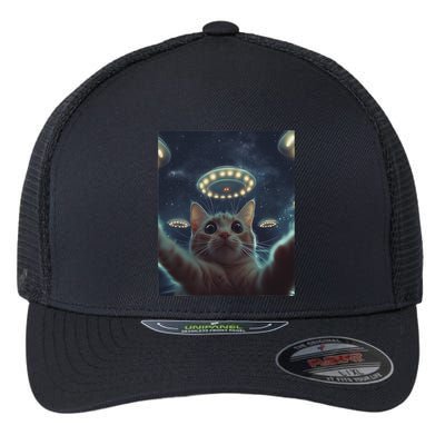 Cat Selfie With Ufos Aliens Kitten Funny Graphic Flexfit Unipanel Trucker Cap