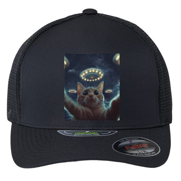 Cat Selfie With Ufos Aliens Kitten Funny Graphic Flexfit Unipanel Trucker Cap