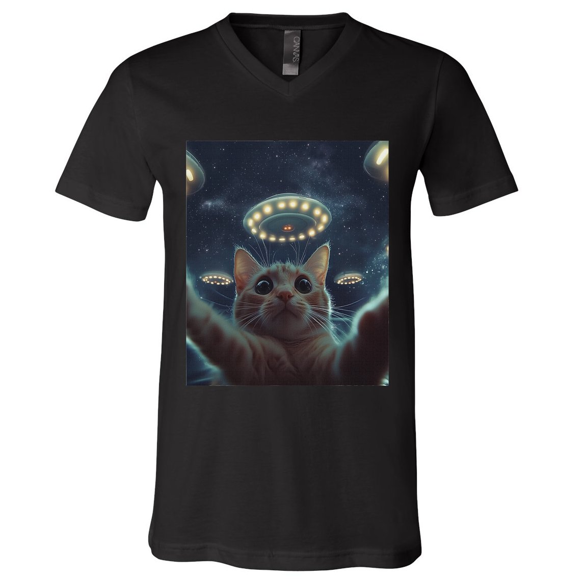 Cat Selfie With Ufos Aliens Kitten Funny Graphic V-Neck T-Shirt