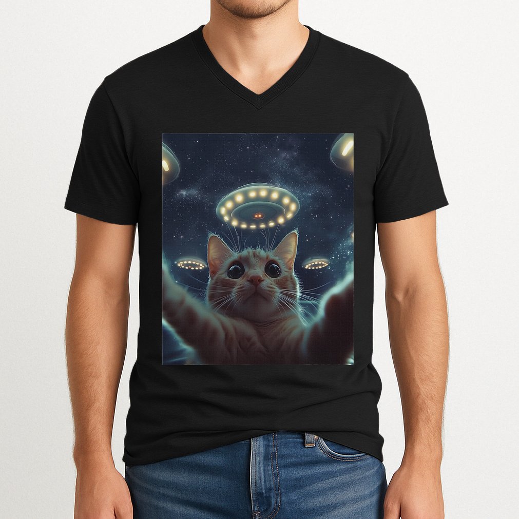 Cat Selfie With Ufos Aliens Kitten Funny Graphic V-Neck T-Shirt