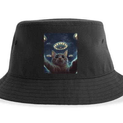 Cat Selfie With Ufos Aliens Kitten Funny Graphic Sustainable Bucket Hat