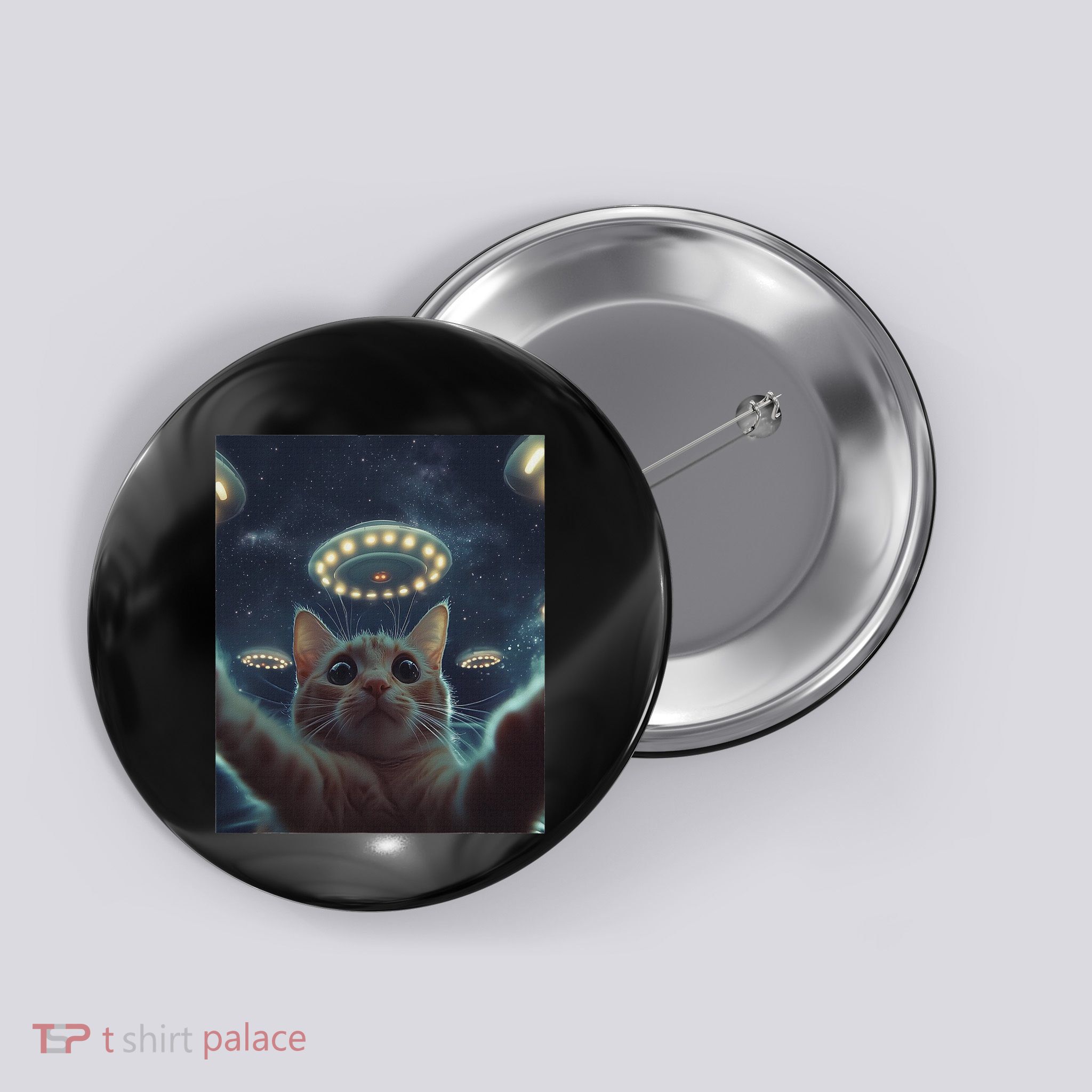 Cat Selfie With Ufos Aliens Kitten Funny Graphic Button