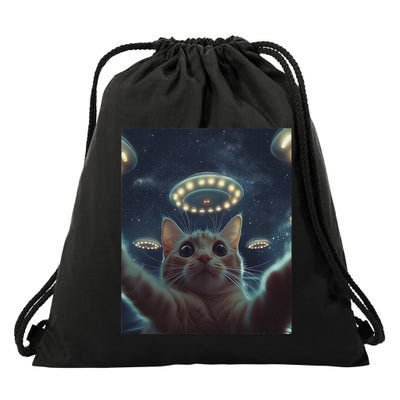 Cat Selfie With Ufos Aliens Kitten Funny Graphic Drawstring Bag