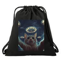 Cat Selfie With Ufos Aliens Kitten Funny Graphic Drawstring Bag