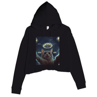 Cat Selfie With Ufos Aliens Kitten Funny Graphic Crop Fleece Hoodie