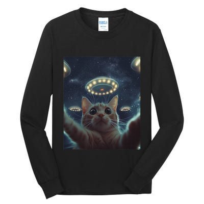 Cat Selfie With Ufos Aliens Kitten Funny Graphic Tall Long Sleeve T-Shirt