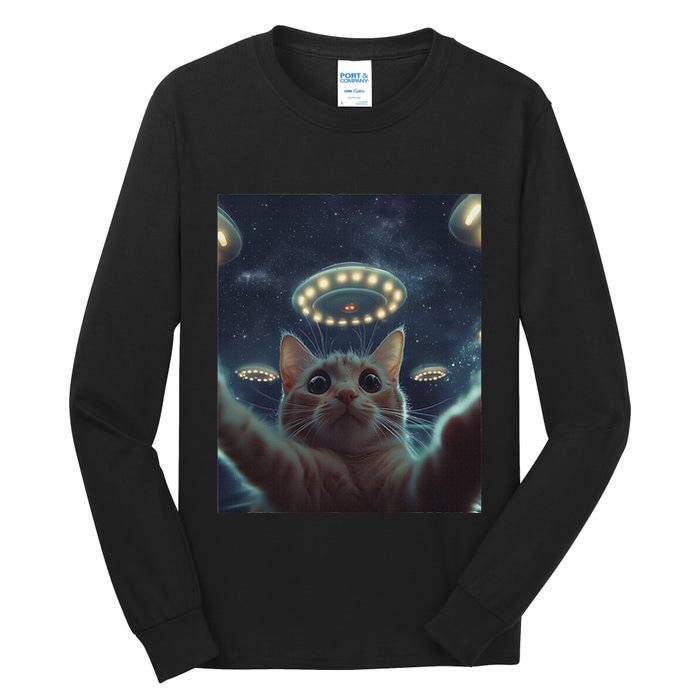 Cat Selfie With Ufos Aliens Kitten Funny Graphic Tall Long Sleeve T-Shirt
