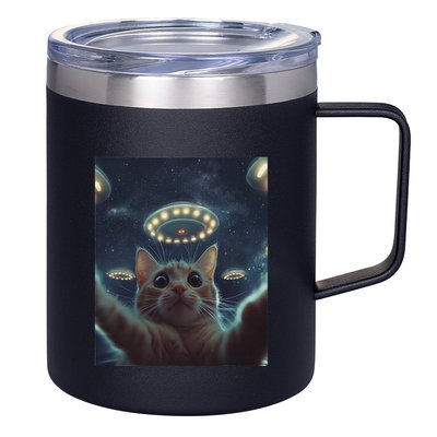 Cat Selfie With Ufos Aliens Kitten Funny Graphic 12oz Stainless Steel Coffee Mug