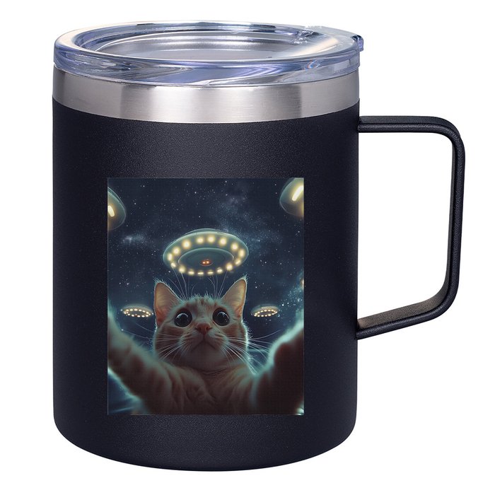 Cat Selfie With Ufos Aliens Kitten Funny Graphic 12oz Stainless Steel Coffee Mug