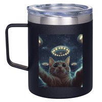 Cat Selfie With Ufos Aliens Kitten Funny Graphic 12oz Stainless Steel Coffee Mug