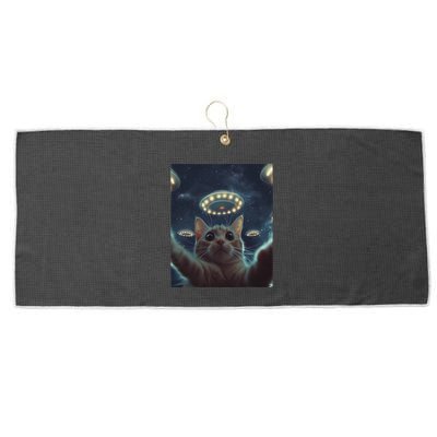 Cat Selfie With Ufos Aliens Kitten Funny Graphic Large Microfiber Waffle Golf Towel