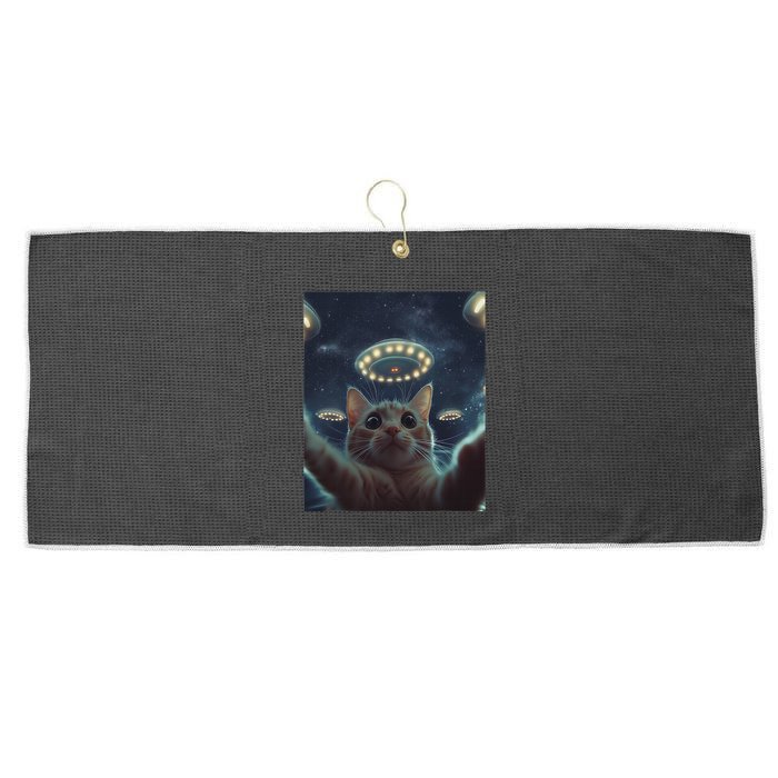 Cat Selfie With Ufos Aliens Kitten Funny Graphic Large Microfiber Waffle Golf Towel