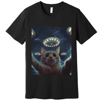 Cat Selfie With Ufos Aliens Kitten Funny Graphic Premium T-Shirt