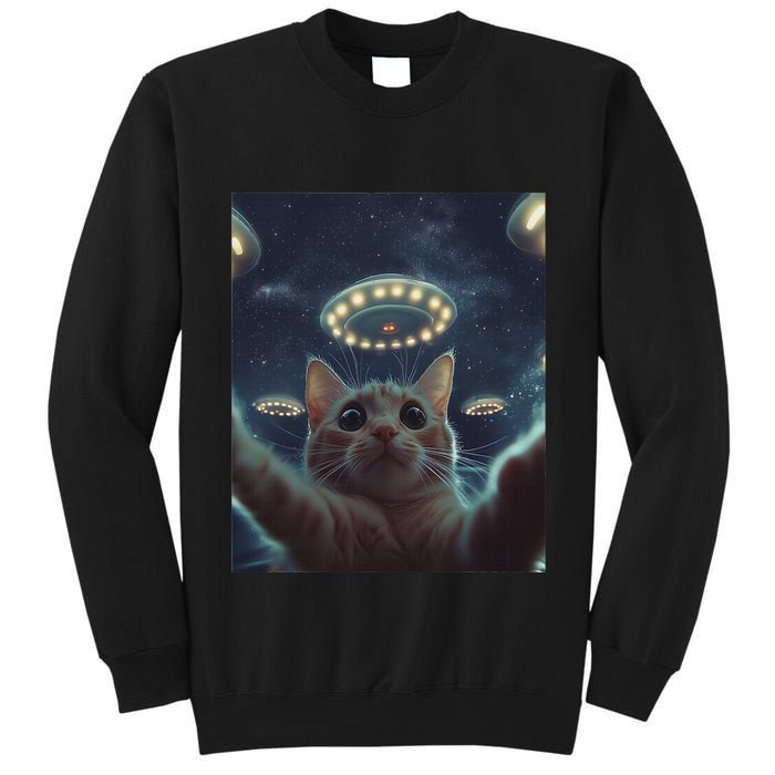 Cat Selfie With Ufos Aliens Kitten Funny Graphic Tall Sweatshirt