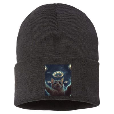 Cat Selfie With Ufos Aliens Kitten Funny Graphic Sustainable Knit Beanie