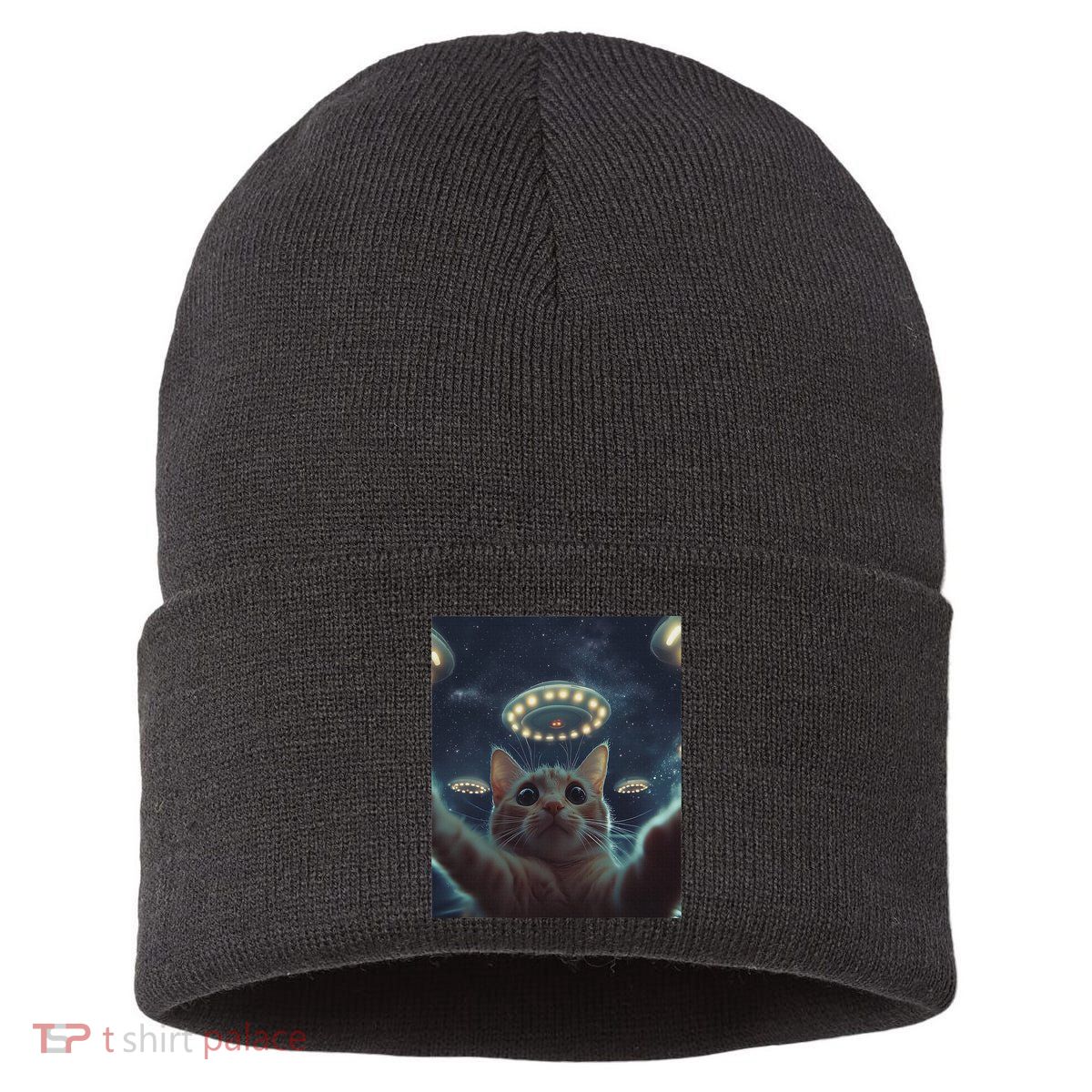 Cat Selfie With Ufos Aliens Kitten Funny Graphic Sustainable Knit Beanie
