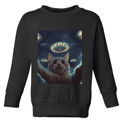 Cat Selfie With Ufos Aliens Kitten Funny Graphic Toddler Sweatshirt