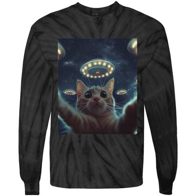 Cat Selfie With Ufos Aliens Kitten Funny Graphic Tie-Dye Long Sleeve Shirt