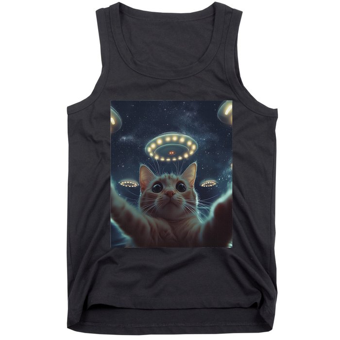 Cat Selfie With Ufos Aliens Kitten Funny Graphic Tank Top