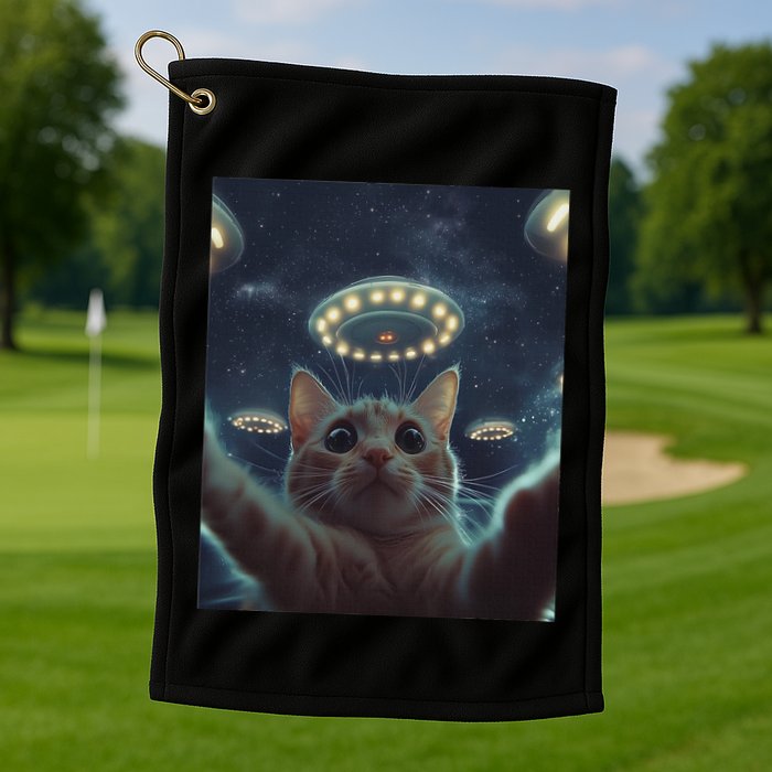Cat Selfie With Ufos Aliens Kitten Funny Graphic Golf Towel