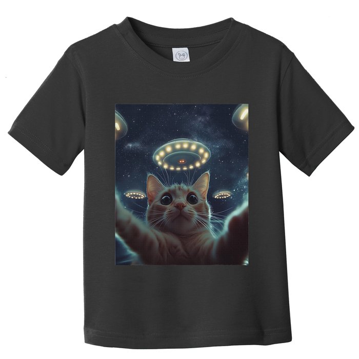 Cat Selfie With Ufos Aliens Kitten Funny Graphic Toddler T-Shirt